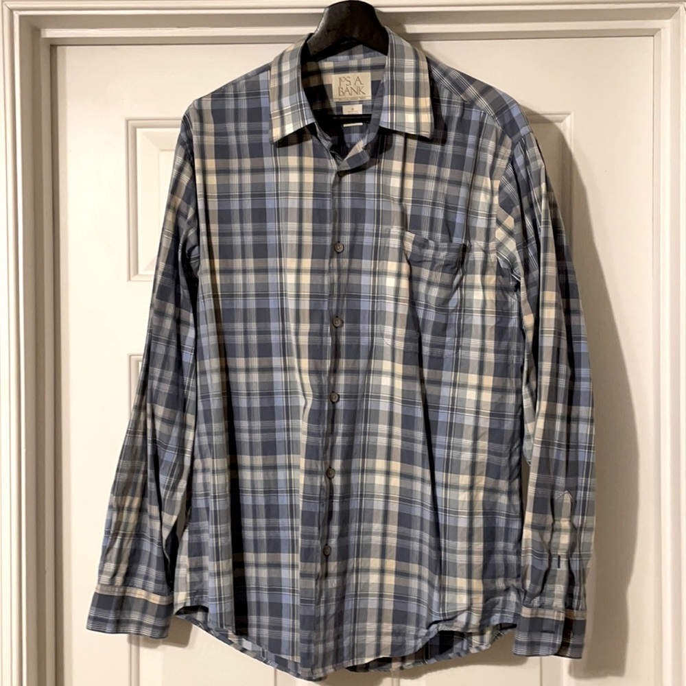 JoS. A. Bank White/blue/gray plaid button shirt. Size - Medium